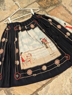Vintage Navy Blue Nautical Print Pleated Midi Skirt